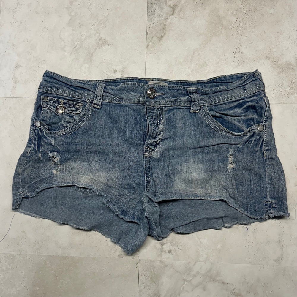 No Boundaries Anchor Sequin Denim Shorts Blue Womens 17 Distressed Y2K Nautical